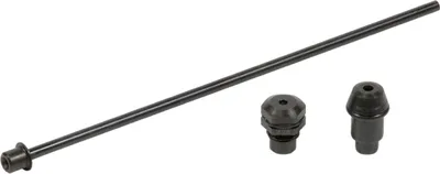 A long metal rod and two black plastic caps are laid out on a white background.