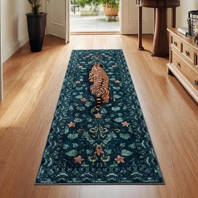 Obrázek produktu pro Koberec, rozměry 60 x 180 cm, zelený, s motivem zvířat, protiskluzový, vhodný do obývacího pokoje