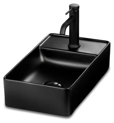 Obrázek produktu pro Umyvadlo na WC pro hosty SOHO 2.0 46 x 25 cm keramické pro montáž na stěnu nebo na desku s otvorem pro baterii v černé matné barvě, Provedení:Otvor pro baterii vlevo