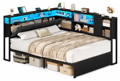 Produktbild von AODEMOKO Polsterbett 140 x 200 cm mit LED, Ladestation, Stauraum und Metall-Lattenrost, Schwarz