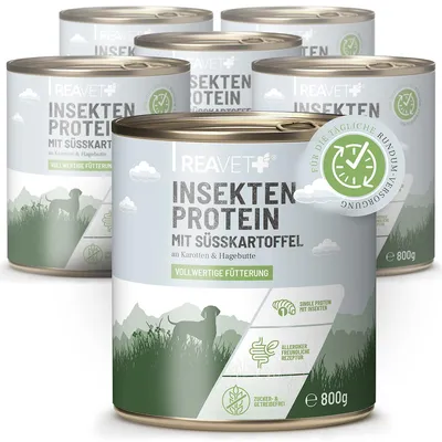 Produktbild von REAVET Hundenassfutter - Insektenprotein mit Süßkartoffeln an Karotten & Hagebutte | 6 x 800g