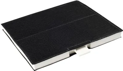 A product shot of a black carbon filter with white foam edges.