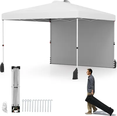 Zdjęcie produktu dla Wyskakująca altana COSTWAY 3x3m, przenośna altana ogrodowa ze ścianą boczną, cieniem, torbą, 8 kołkami, 4 kotwicami, 4 linami wiatrowymi i 4 workami z piaskiem Biały