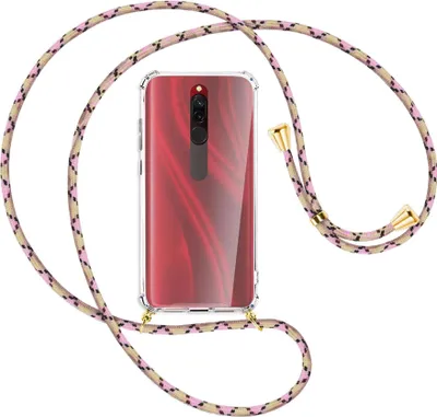 Produktbild von Handykette Backcover-Schutzhülle mit Band (Metall goldfarben) für Xiaomi Redmi 8 - rosa Karo