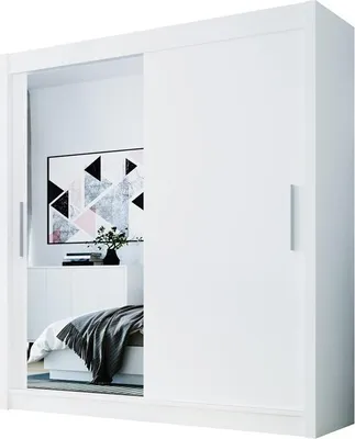 Produktbild von Easy4You D1 180 cm Weiß Schiebetüren Kleiderschrank 180x215x58 cm mit Spiegel - Schlafzimmermöbel, Aufbewahrung - Mehrzweckschrank
