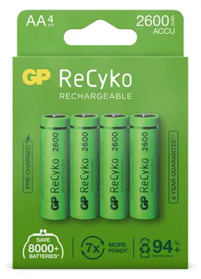 Zdjęcie produktu dla GP Batteries ReCyko, Bateria do ponownego naładowania, AA, Niklowo-metalowo-wodorkowa (NiMH), 1,2 V, 4 szt., 2600 mAh