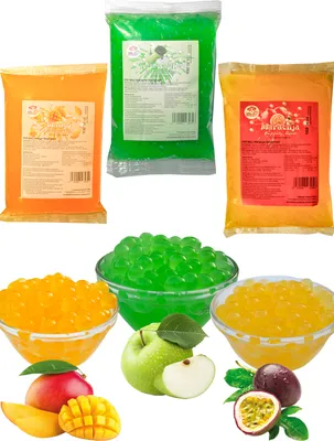 Produktbild von Bubble Tea Popping Boba Mix - 3 x 600g Mango+Grünapfel+Maracuja Boba Fruchtperlen - Aktion: 1 Gratis 600g Packung - Natur&Vegan&Glutenfrei Boba Perlen