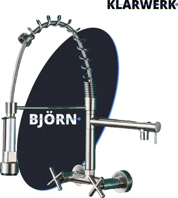 Immagine prodotto di Bjorn | Rubinetteria da parete per ristorazione argento spazzolato | Rubinetto da cucina professionale in acciaio inox per due docce | Rubinetto per doppio lavello da parete per ristoranti