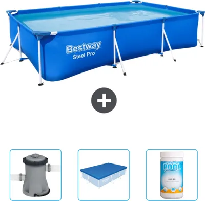 Produktbild von Bestway rechteckiger Steel Pro-Schwimmbecken – 300 x 201 x 66 cm – Blau – im Lieferumfang enthalten Pumpe - Abdeckung - Chlor