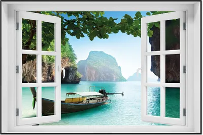 Produktbild von Wallario Wandbild mit Fenster-Illusion: Fischerboot in Thailand  blaues Meer und Steinfelsen, Größe: 61 x 91,5 cm, Poster mit schwarzem Aluminiumrahmen