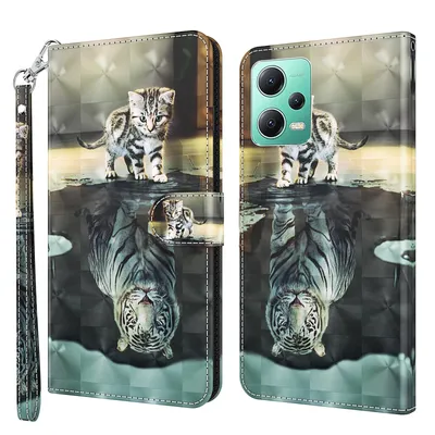 Produktbild von CLM-Tech Hülle kompatibel mit Redmi Note 12 5G - Tasche aus Kunstleder - Klapphülle mit Ständer und Kartenfächern, Katze Tiger grau