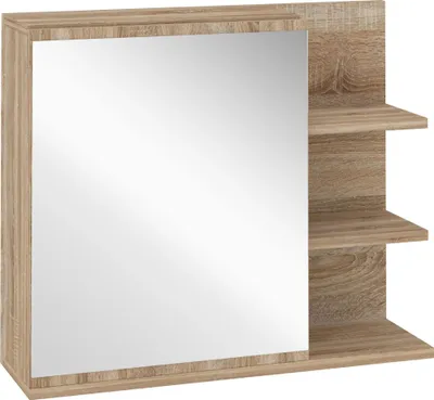 Image de Armoire de salle de bain avec miroir - Meuble miroir - 3 compartiments ouverts, 1 étagère intérieure, design moderne, 60x18x50 cm, bois naturel