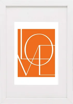 A framed picture with the word 'LOVE' in white stylized letters on an orange background.