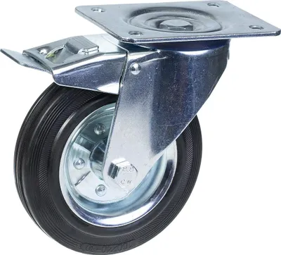Produktbild von 200-mm-Lenk-/Bremsrolle mit schwarzem Gummi auf gepresstem Stahlmittelrad