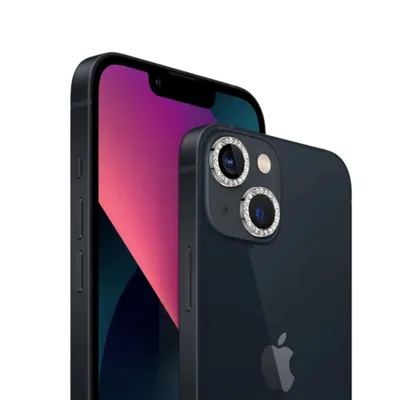 A close-up shot of two iPhones, one slightly behind the other, against a white background. The rear camera lenses of the phone in the foreground are decorated with sparkling rings.