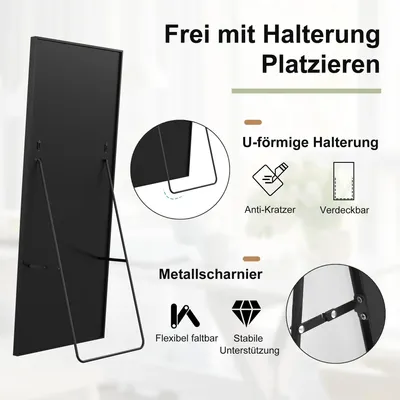 Produktbild von Ganzkörperspiegel - Standspiegel/Wandspiegel - 180x80 cm - Verstellbarer Ständer - Aufhängbar - Aluminiumrahmen - Schwarz
