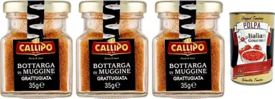 Produktbild von 3x Callipo Bottarga Di Muggine Grattugiata,Geriebener Meeräsche Bottarga,Meeräschenrogen 96%,Glas 35g + Italian Gourmet Polpa di Pomodoro 400g Dose