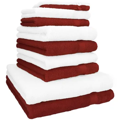 Image de Betz Set de 10 serviettes PREMIUM 2 draps de douche 4 serviettes 2 serviettes pour invités 2 gants de toilette Couleur : rouge foncé & blanc