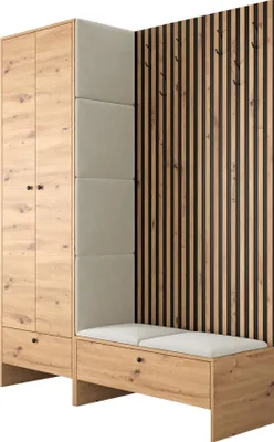 Produktbild von MIRJAN24 Garderoben-Set Balma III, Kleiderschrank, Unterschrank mit Lamellen, 6x Gepolstertes Paneel 42x42 (Farbe: Artisan Eiche / Artisan eiche + Schwarz, Manila 02)