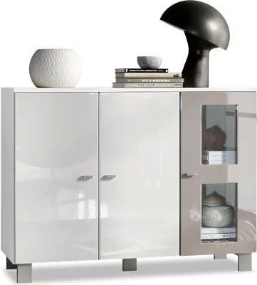 Produktbild von Vladon Sideboard Denjo,  Germany, Kommode mit 3 Türen, Weiß matt/Weiß Hochglanz/Sandgrau Hochglanz (107 x 81 x 35 cm)