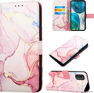 Produktbild von Moto G52 Hülle, Marmor Motiv Kunstleder Tasche Wallet Kartenfächer mit Standfunktion Klapp Schutzhülle für Motorola Moto G52 Pink Weiß