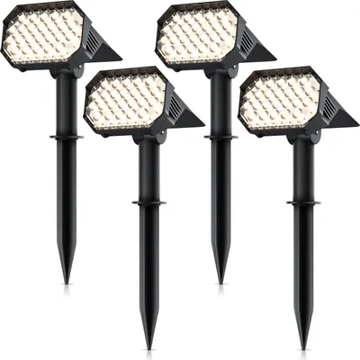 Obrázek produktu pro Brandson LED zahradní solární reflektory s kolíkem do země, solární venkovní svítidla, nástěnná svítidla, sada 4 ks, akumulátor 1800 mAh, 2 stupně jasu, 3000 K, IP65, odolné proti povětrnostním vlivům, otočné
