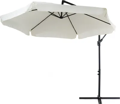 A cream-colored cantilever umbrella with a black metal stand and pole, shown against a white background.