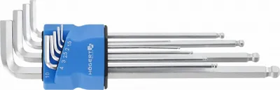 Produktbild von Högert Technik -Sechskantschlüssel mit Kugel I Satz von 9 Stück I Größen T1,5 bis T10 I Aus S2-legiertem Stahl I Beständig gegen Verformung und Abrieb I Extra Lang I Silber