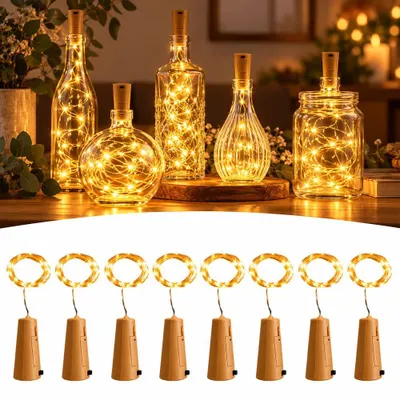 8er-Set Flaschenlichterkette mit Korken, 2 m, 20 LEDs, warmweiß