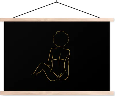 Produktbild von MuchoWow® Textilposter Frau - Schwarz - Gold - Strichzeichnung 120x80 cm mit holzfarbenen Rahmen - Aufhängeset