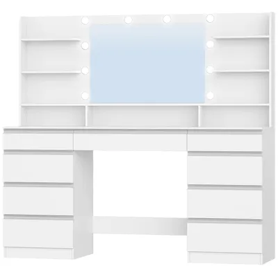 Imagen del producto de Tocador - Mesa de maquillaje - Iluminación LED con 10 luces - 3 colores de luz - Intensidad ajustable - Espejo grande - 9 cajones - Blanco
