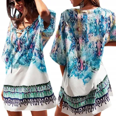 Produktbild von Sommerkleid - Maxikleid - Lange Strandtunika - Lockerer Boho-Überwurf - Luftiges Pareo - Blau