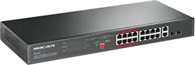 Produktbild von Mercusys MS118CP Unmanaged Rack-Switch mit 16 PoE+-Ports (10/100 Mbit/s), 2 Gigabit-RJ45-Ports und 2 Gigabit-SFP-Steckplätzen, 190 W