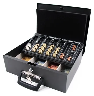 Produktbild von hjh OFFICE Geldkassette abschließbar SAFE I Stahl Bargeldkasse mit Euro Münzzählbrett, 10.5 x 35.5 x 27.5 cm