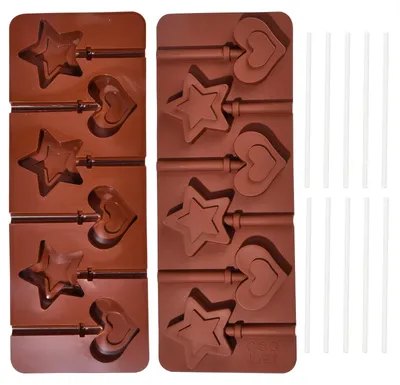 Produktbild von Silikon-Backformen - Herz- und Sternform mit Stäbchen - Für Desserts und Lutscher - Rosa - 2 Stück