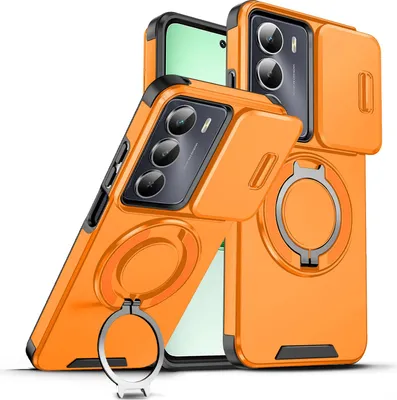 Immagine prodotto di Custodia a doppio strato per Realme C75 4G, copertura scorrevole della fotocamera e supporto ad anello magnetico Arancione