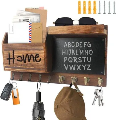 Produktbild von Holz-Schlosserkast mit Brett, großes Schlosserkasten - 40x22 cm, antikes Schlosser-Box mit 9 Haken, Briefschublade, Wandhalter, personalisierter Schlosserkast, Kreidebrett