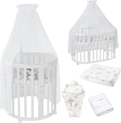 A collage of images showing a white oval baby crib with a canopy, bedding, and other accessories.