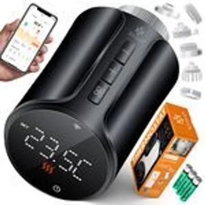 Produktbild von KESSER® 2x Heizkörperthermostat Heizungsregler Heizungsthermostat WLAN Smart Home App & Sprach-Steuerung Thermostat 6 Heizkörperventile rund Schwarz