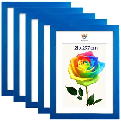 Produktbild von MG Design 5er Set Bilderrahmen Blau A4 21x29,7 cm - Echtholzrahmen mit Acrylglas, hoch/quer, zum Aufhängen & Aufstellen