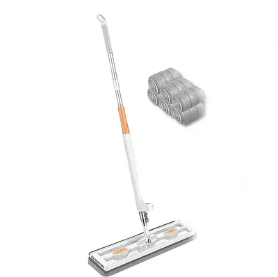 Produktbild von Großer Flachmop mit Auswringer, 360° drehbarer Reinigungsmop für Hartholz-, Fliesen- und Laminatböden (weiß, 1 Mop + 6 Lappen)