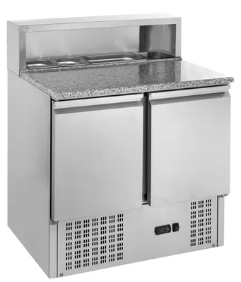Produktbild von GastroHero Pizzatisch ECO 900 mit Granitplatte Kühltisch 2 Türen 900x700 mm Pizza Vorbereitungstisch für 5x GN 1/6 Behälter Umluftkühlung +2 bis +8 °C