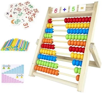 Produktbild von Rechenschieber Rechenrahmen, Kinder Grundschule Abakus zum Zählen und Rechnen, Holz Rechenschieber mit 100 Perlen, 100 Zählstäbchen, Zahlenalphabetkarten, Aufklärung Spielzeug für Kinder