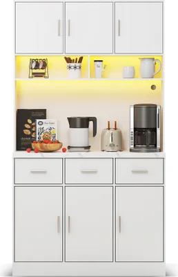 Produktbild von Flieks Küche Hochschrank Küchenbuffet mit Ladefunktion (Steckdosen&USB), Küchenschrank Buffetschrank Buffetständer mit Led, Küchenbuffet Schrank Weiß