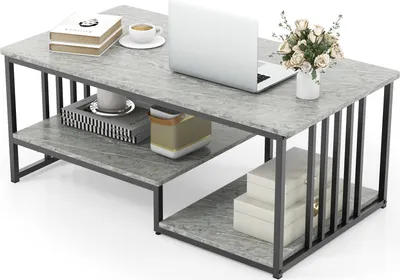 Produktbild von GOPLUS Couchtisch Marmor Optik, Kaffeetisch mit Ablagen & Metallgestell, Sofatisch Wohnzimmertischfür Büro & Wohnzimmer, 110 x 60 x 45cm, Grau