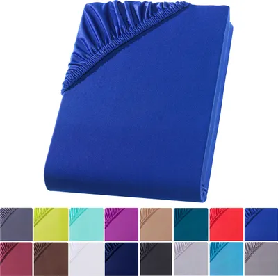 A blue fitted sheet is shown on a white background. Below the sheet are swatches of different colors.