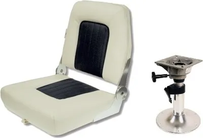 A boat seat and a boat seat pedestal are shown side-by-side against a white background.
