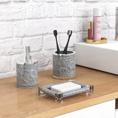 Imagen del producto de Conjunto de accesorios para baño, de 3 piezas, de vidrio con cristales plateados, que incluye un dispensador de jabón, un soporte para cepillos de dientes y un organizador