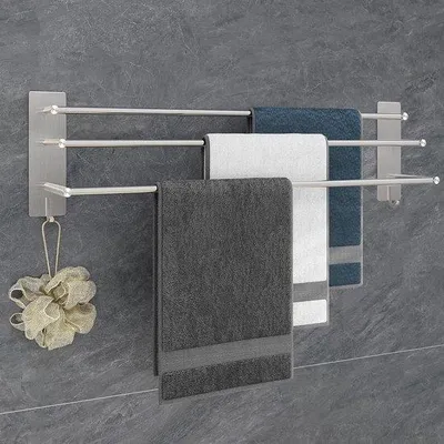 Immagine prodotto di Portasciugamani senza foratura - acciaio inox 75 cm - autoadesivo - con due ganci - cucina bagno camera da letto