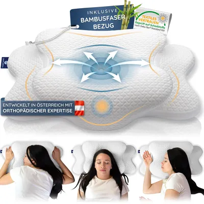 A pillow with diagrams showing airflow, and three images of people sleeping on it.